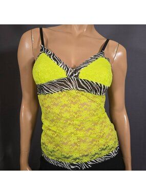 Vintage Y2K Neon Yellow Lace Camisole Tank Top Zebra Print Mcbling Scene Size S